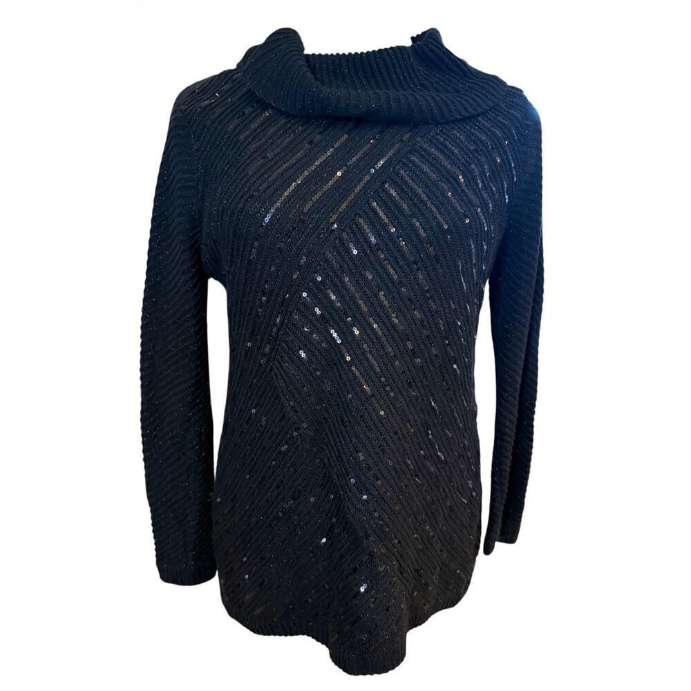 Chico's Sequin Cowl Neck Pullover Ribbed Sweater Chicos Sz. LP (2P) Black